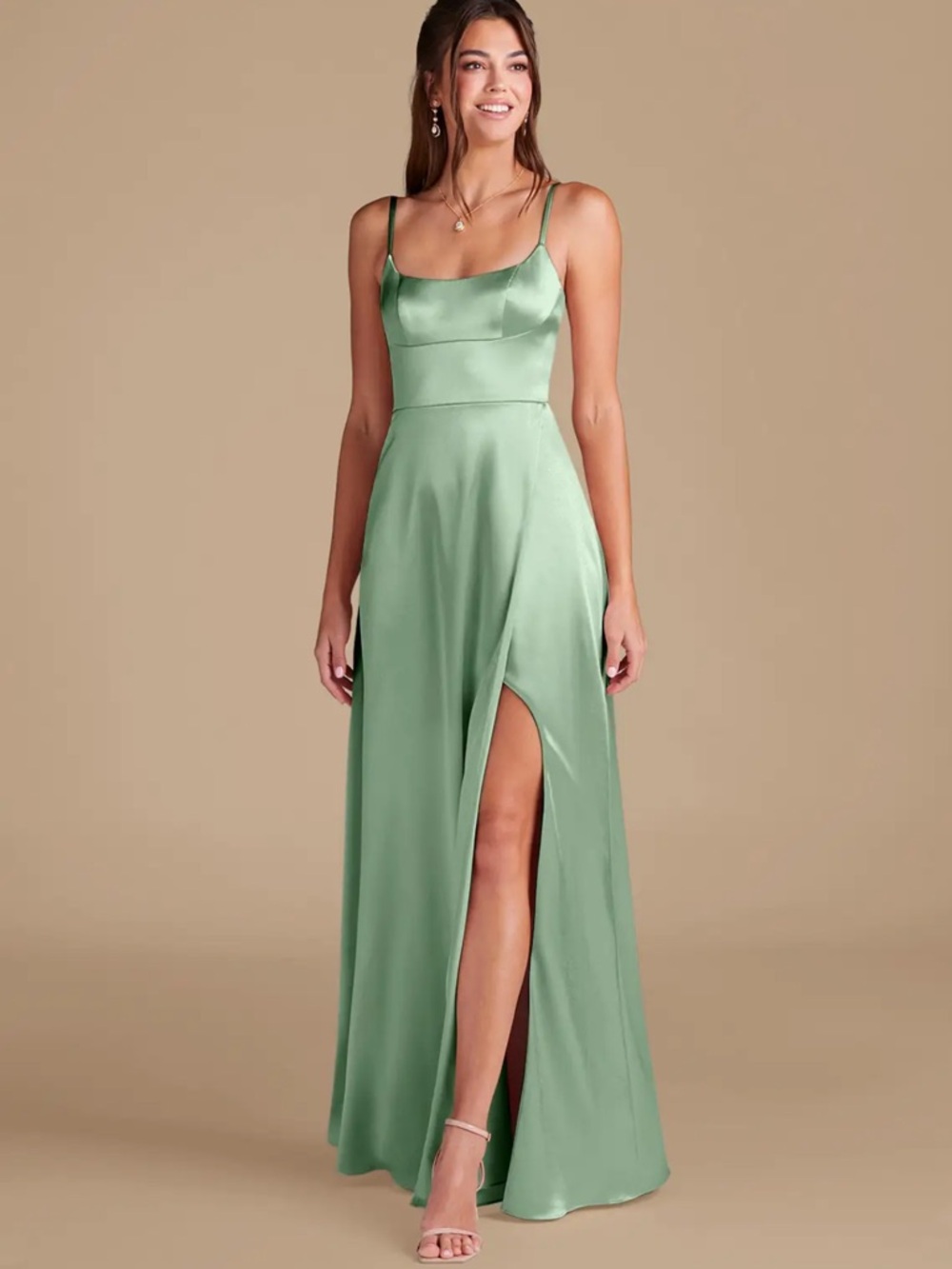 Azazie x Kendall Kylie Halsey Matcha ALine Side Slit Metallic Satin Maxi Dress 6